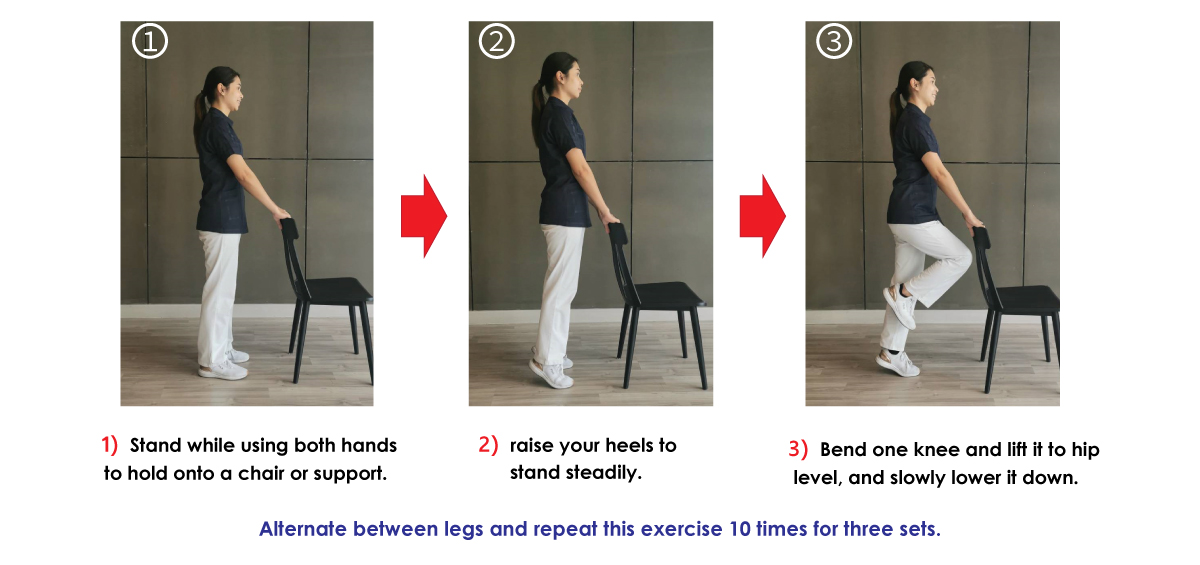 Altemate between legs and repeat this exercise 10 times for three sets.